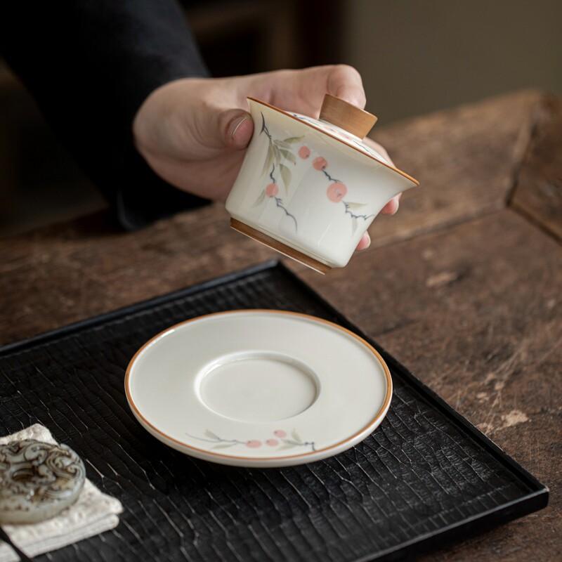 Plant Gray Hand-painted Persimmon Ruyi Horseshoe Covered Bowl Ceramic Three-talent Gaiwan Covered Cup Single Oven Mitts Tea Bowl