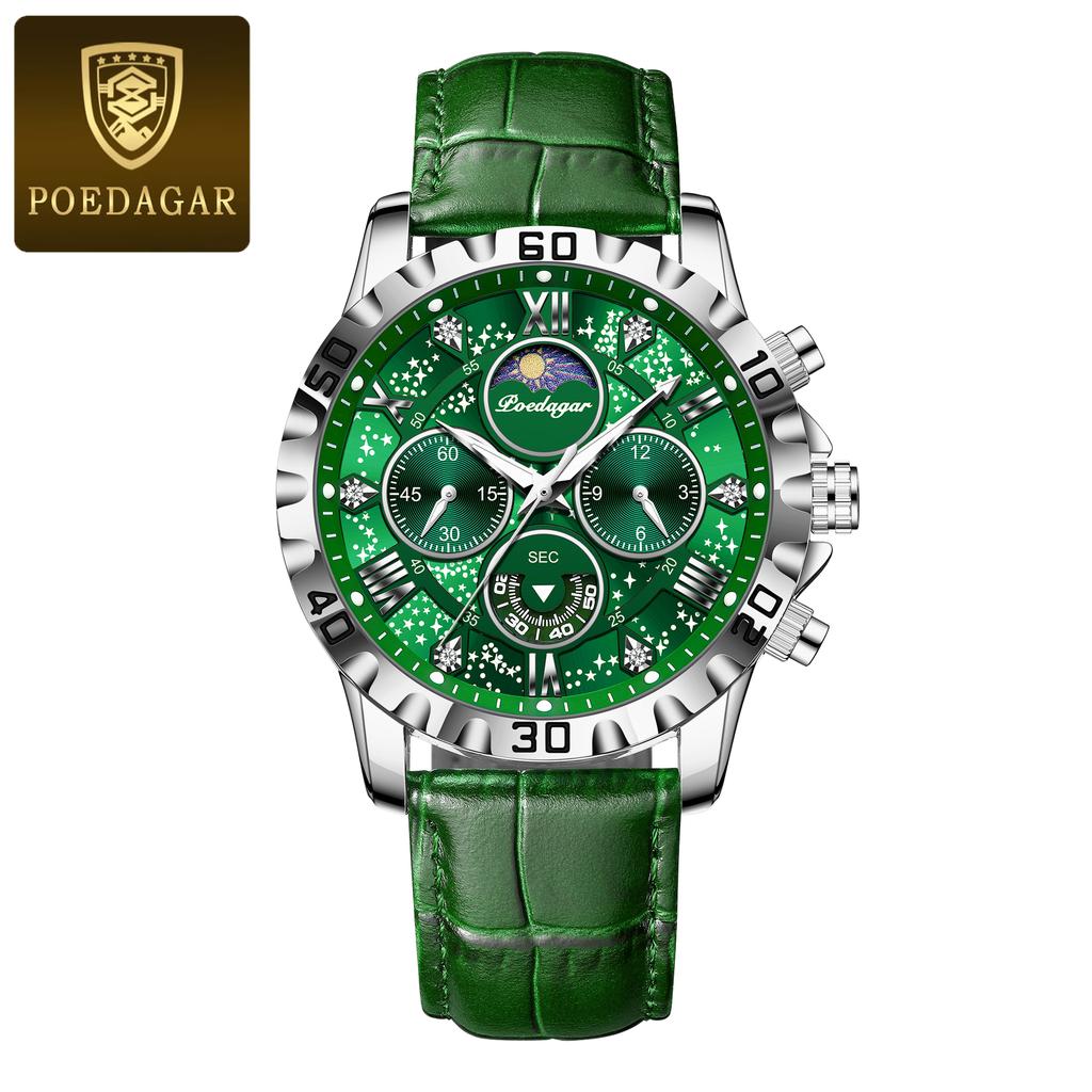 POEDAGAR Original Military Man Wristwatch Waterproof Luminous Chronograph Leather Strap Watches for Men Quartz Watch Reloj