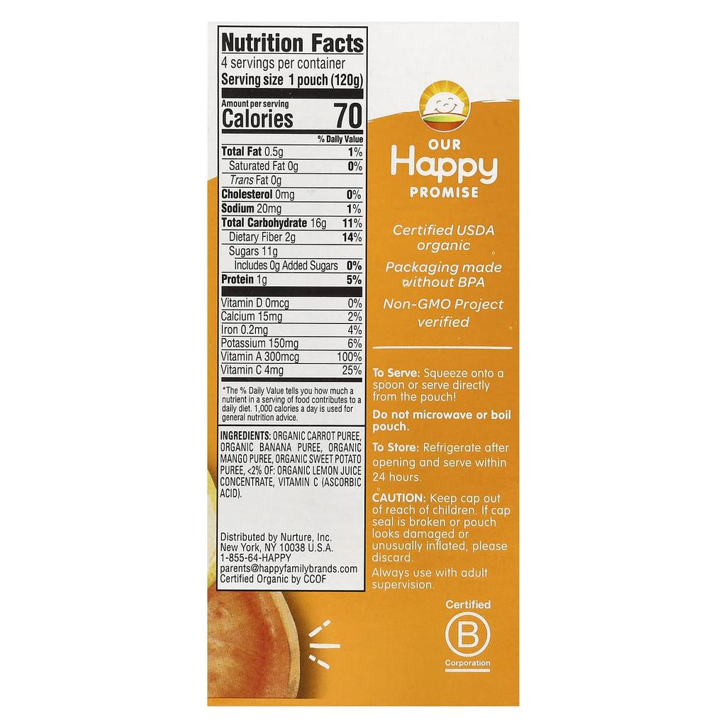 Happy Family Organics, Happy Tot, Love My Veggies, Carrot, Banana, Mango and Sweet Potato, 4 Pouches - 120 g (4.22 oz) each