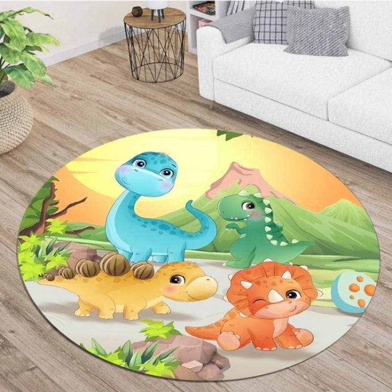 

Cute Cartoon Dinosaur Mountain Sunset Round Rug, Jurassic Baby Dino Green Plant Floor Mat for Kids Bedroom Playroom Sofa Side 60cmx60cm