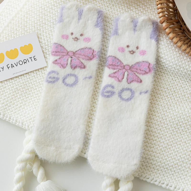 Șosete roz dulce cu iepurași și fundă, imitație nurcă, iarnă, pluș, calde, de casă, pentru dormit, ins japonez, desene animate, drăguțe, cu blană, șosete tub