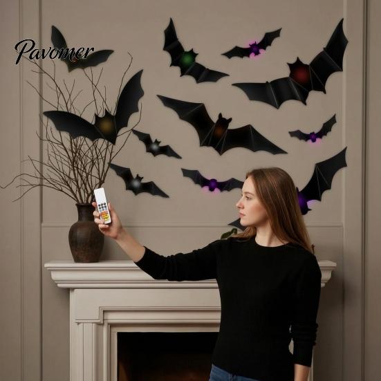 Easy Install Wall Stickers 48Pcs Halloween Bats Decor, LED Light Up Bats, 12 Lights with Remote, Spooky Home Decor for 6 Sizes 3D Indoor Window