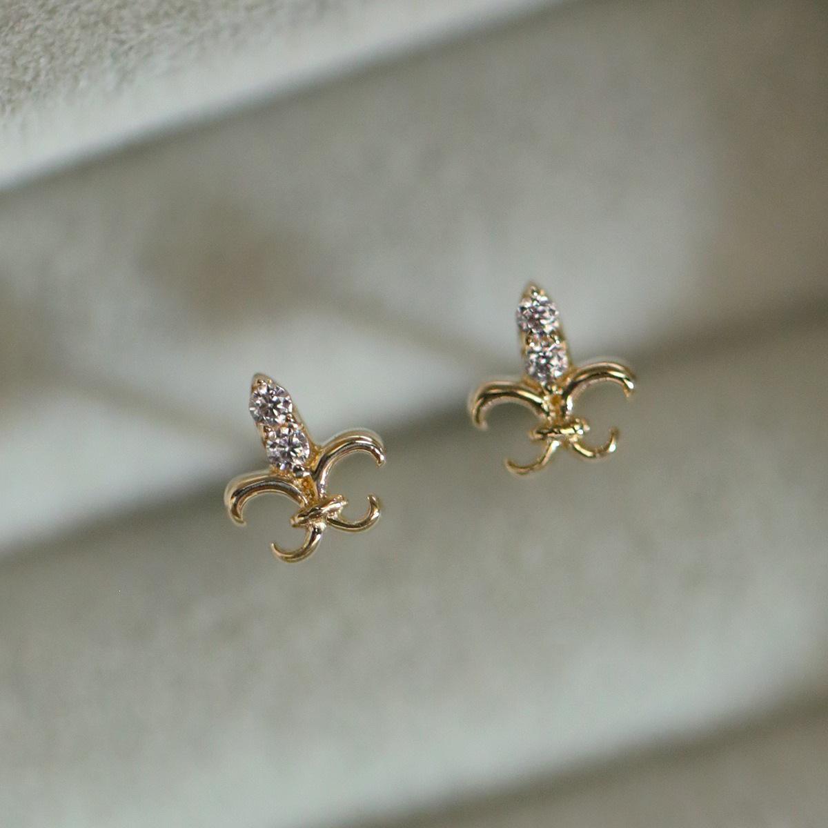 Iris Sterling Silver with 14K Gold Plated Chic Micro-Paved Mini Brooch Stud Earrings 14K Gold Pair (with earplugs)