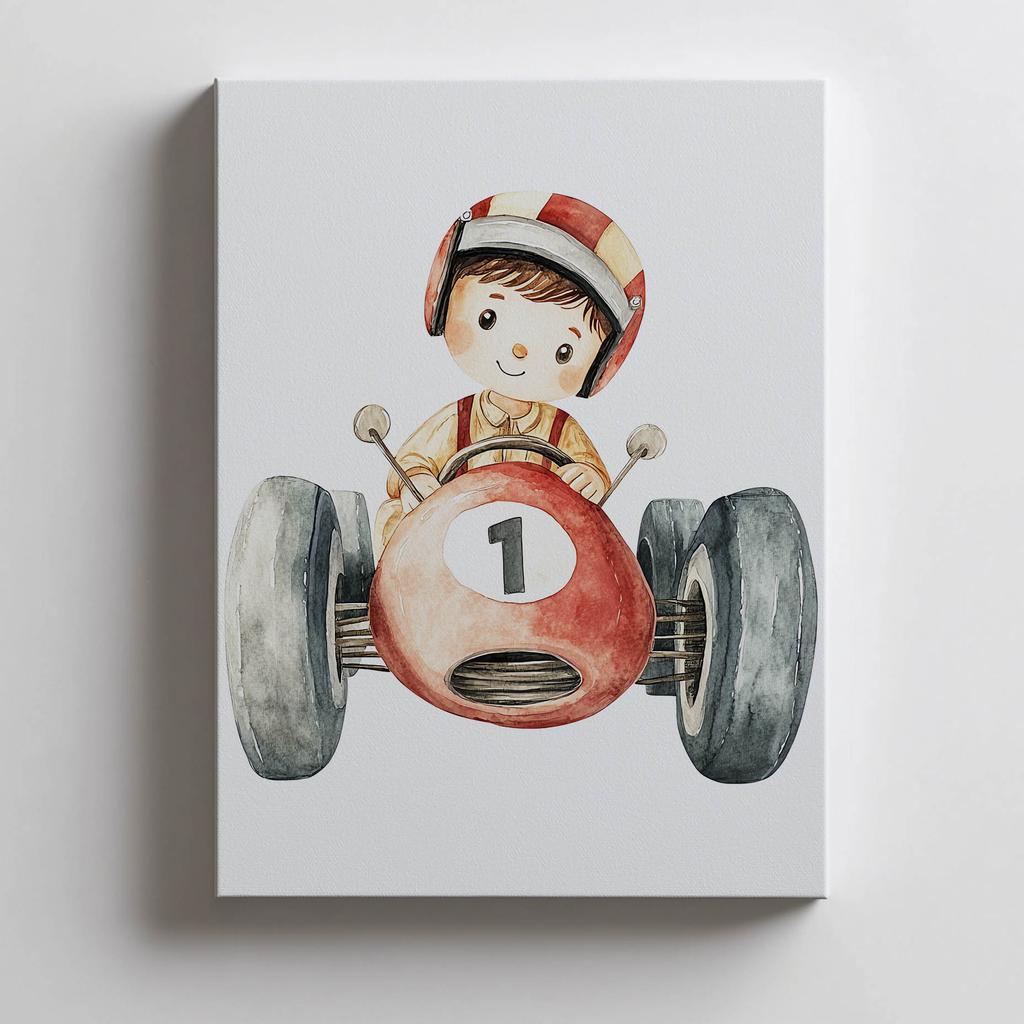 Boy In a Racing Car Poster Boy In a Racing Car Poster, 50X70 Cm, Frameless, Premium Canvas On Stretcher