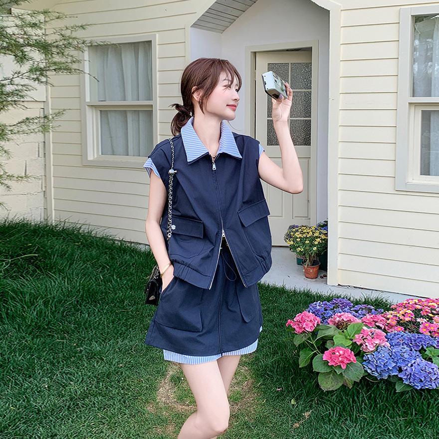 

Костюмная юбка женская летняя новая повседневная в полоску с вставками рубашка короткая юбка комплект из двух предметов XL тёмно-синий