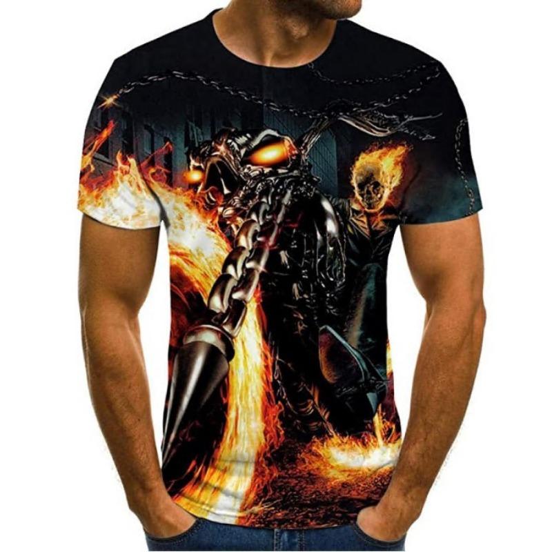 Summer Round Neck 3D Flame Skull Print Top Fashionable Casual Short Sleeved Men's T-shirts