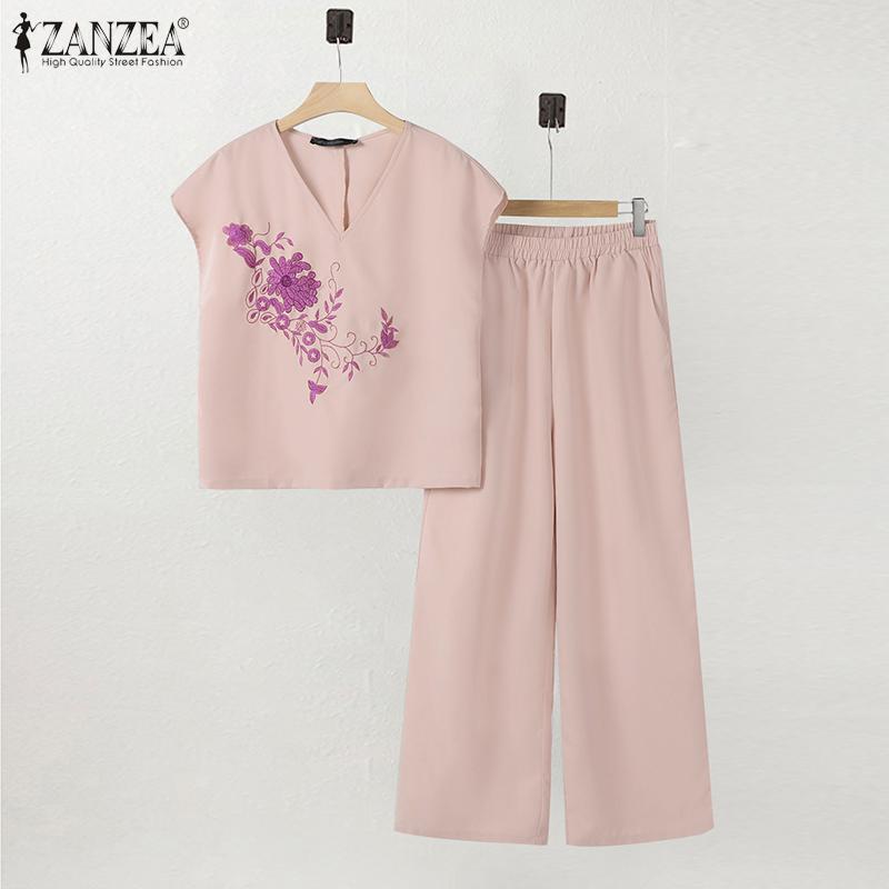 

ZANZEA Женский повседневный комплект из двух частей: блузка с вышивкой и брюки S жёлтый