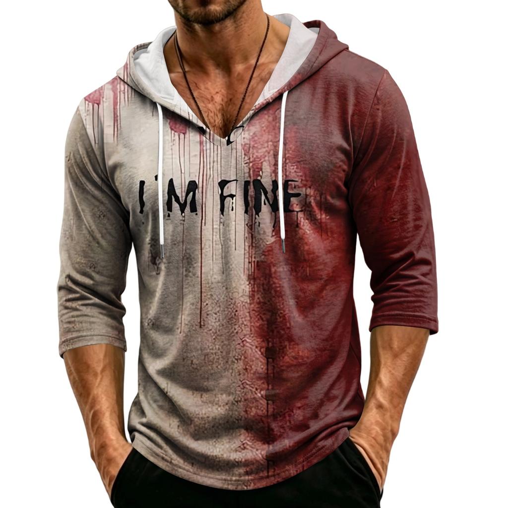 Men's Loose Fit Casual Hooded Shirt Three Quarter Sleeve Halloween Graphic Print Pullover Top Lightweight Breathable