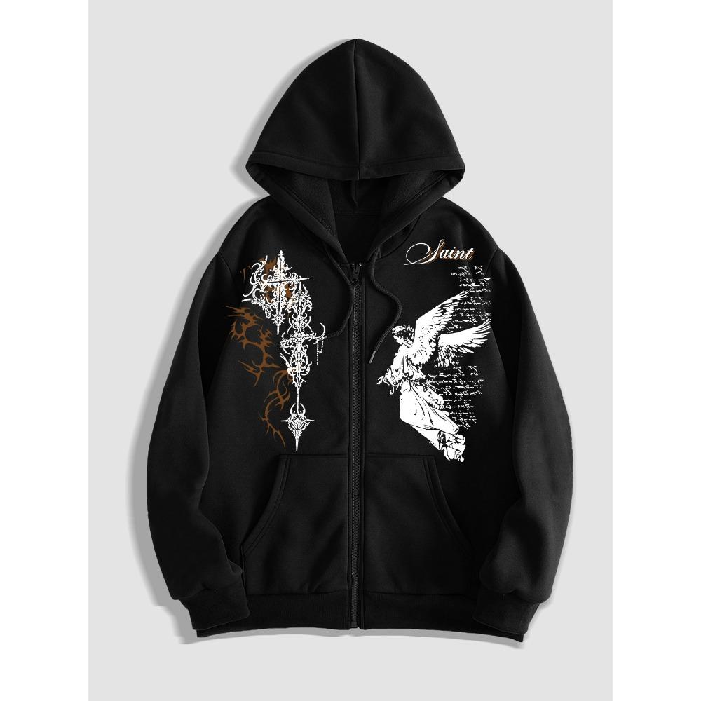 Dark Thorn+Angel Design Original Printed Zipper Hoodie, Fashionable Street Trendy Zipper Hoodie Suitable for Casual Occasions