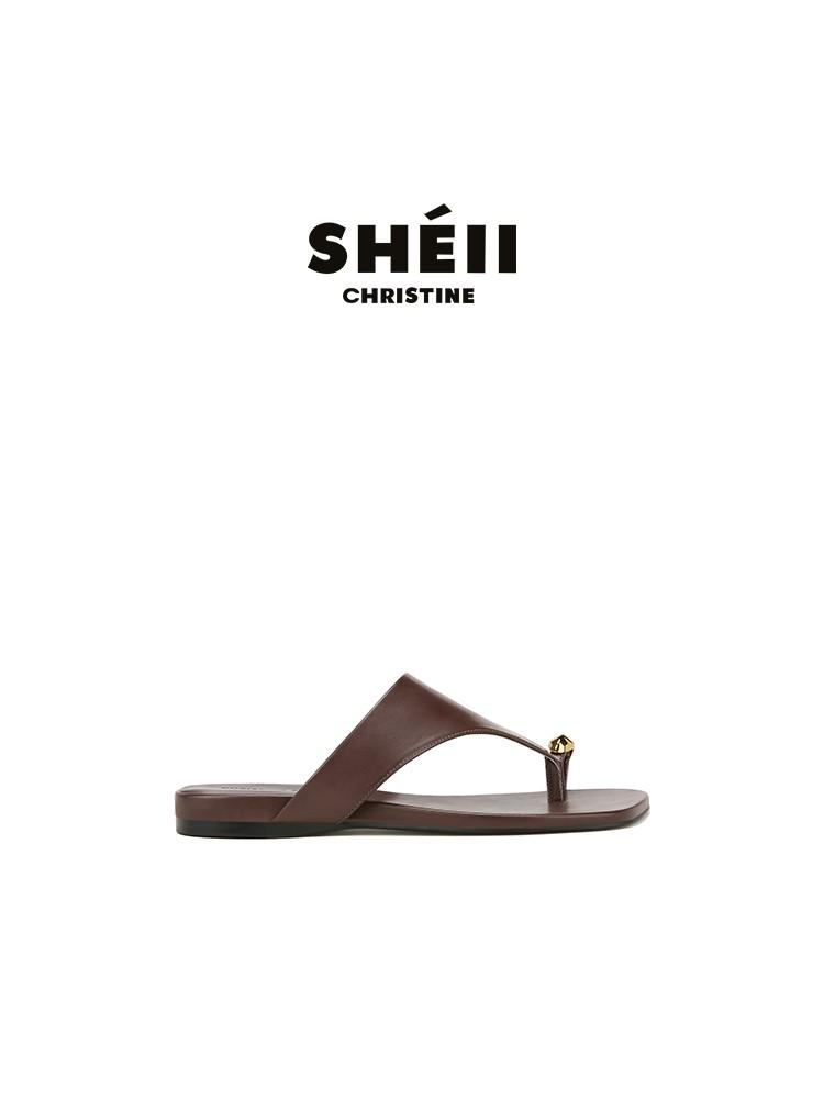 

[Lan Cabinet] Small Gold Buckle~ Square Head Set Toe Holiday Flat Bottom Flip-flops Women s Summer New Sandals Outside Wear 40 коричневый