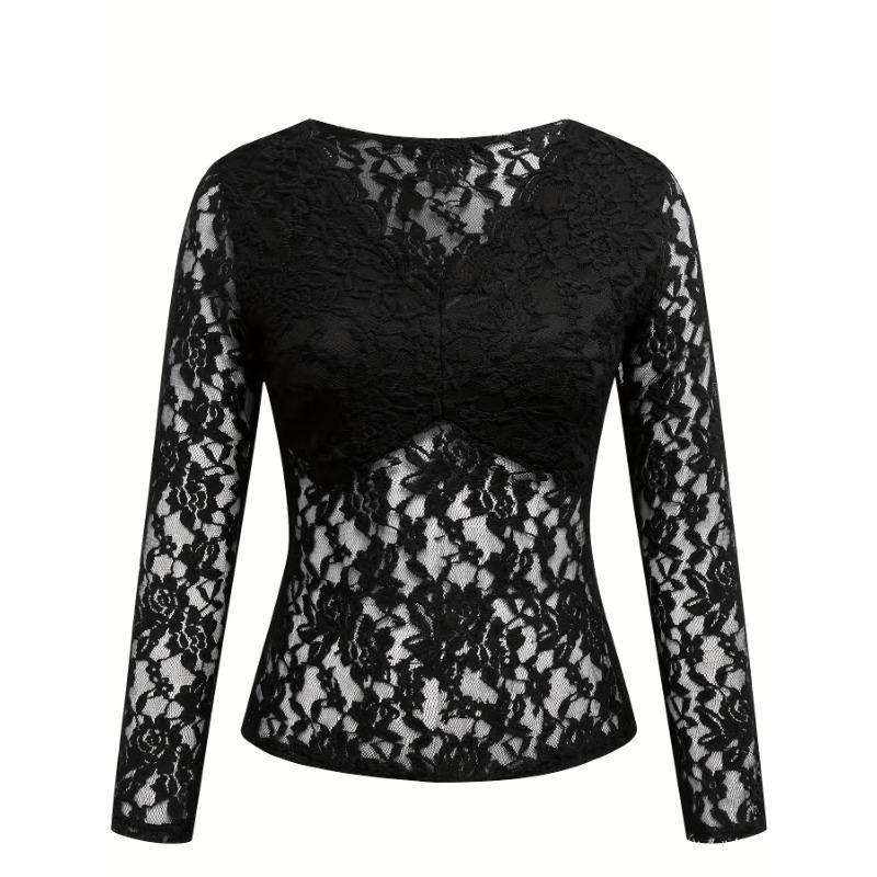 Women's Elegant V-neck Scalloped Neck Edge Solid Colour Long Sleeve Slim Slim Pullover Lace Top