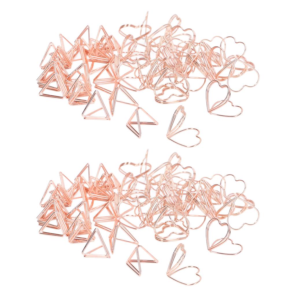 100pcs Shaped Paper Clips Triangular and Heart Type Double Layer 3D Rose Gold Metal Paper Clips for File Classification