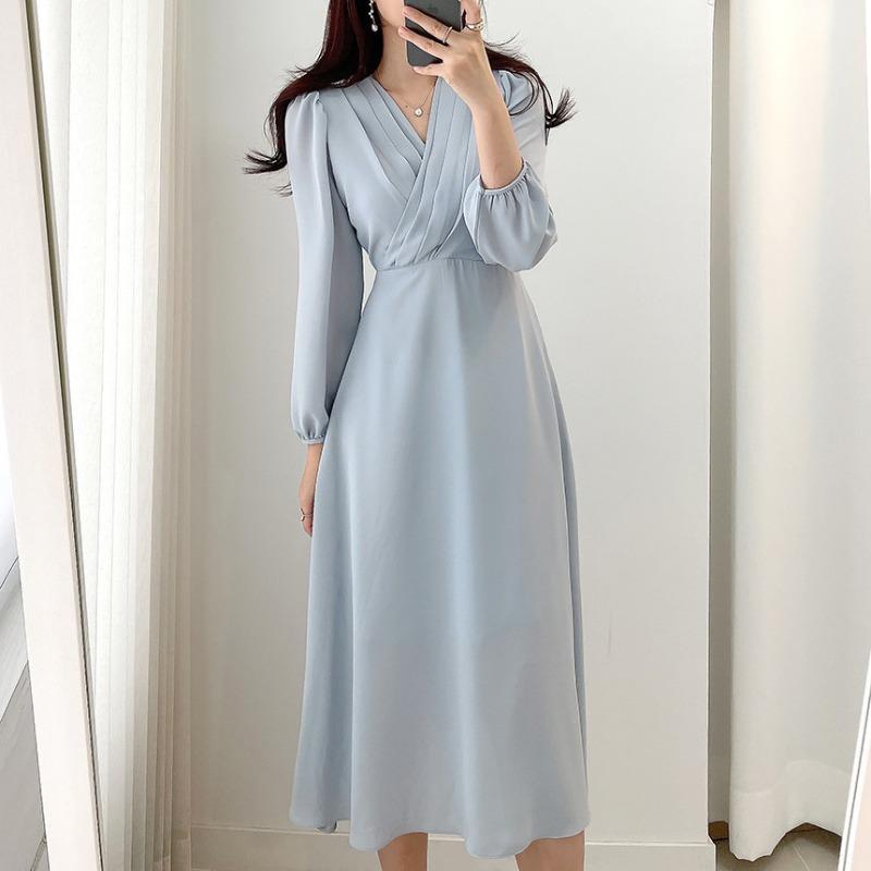 Nuovo Elegante Vestito Avvolgente Scollo a V Lunghezza Media Manica Lunga a Palloncino Linea ad A Svolazzante Vita Alta Vestito in Chiffon Adatto per il Lavoro e l'Uso Quotidiano Casual