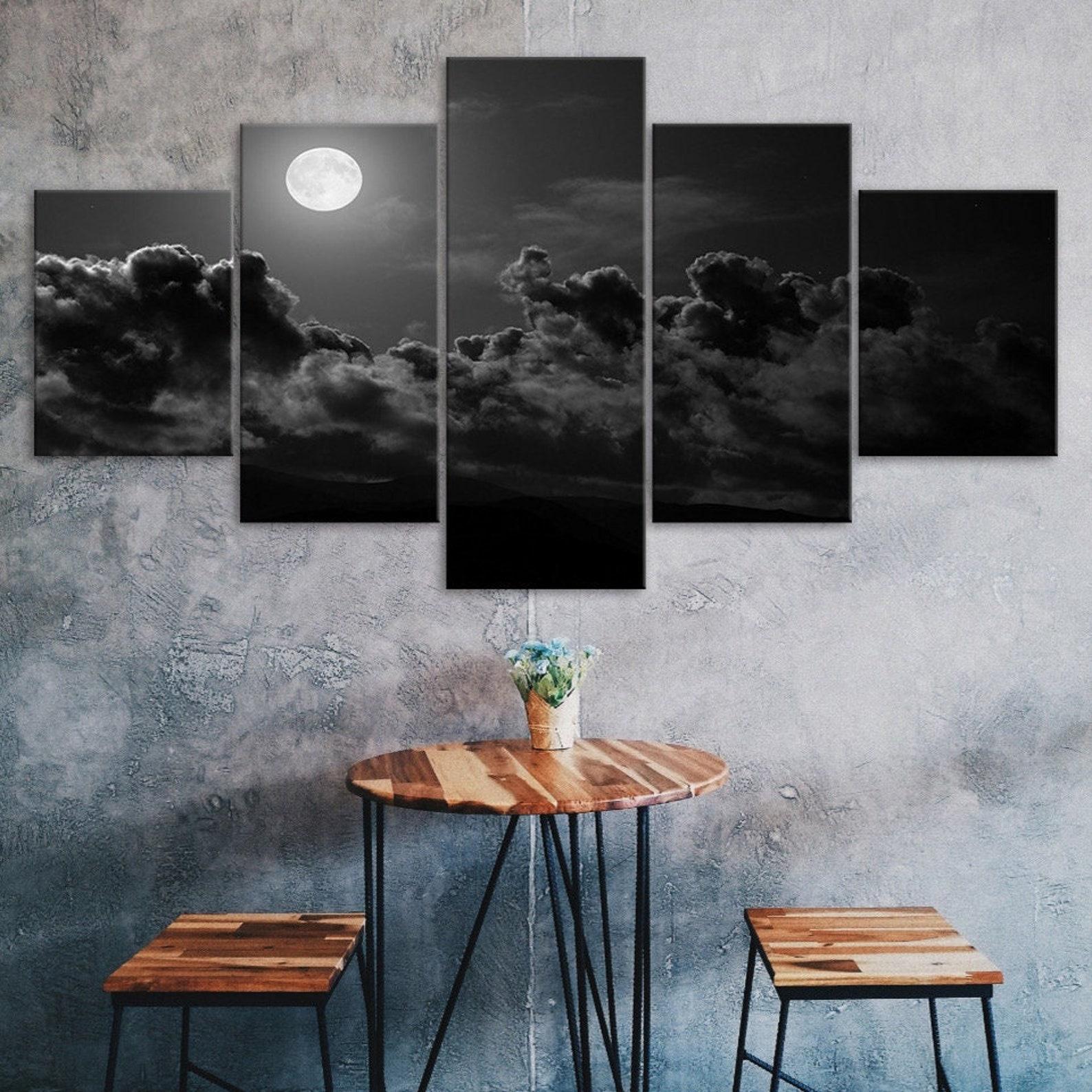 

Clouds Full Moon Rising Night View 5 Piece Five Panel Wall Canvas Print Modern Art Poster Picture Home Decor Gift For Him Her 20X35 20X45 20X55CM