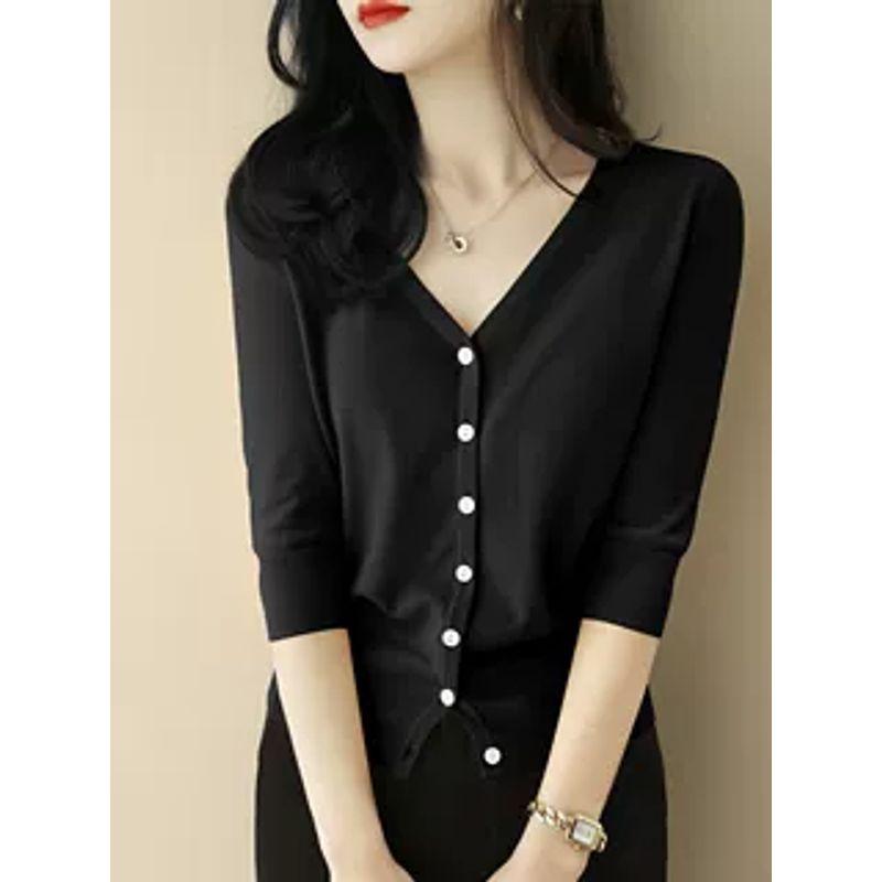 

French Style Classy V-neck Half Sleeve Summer Cardigan Thin T-shirt Black ~ 7-point sleeve XL