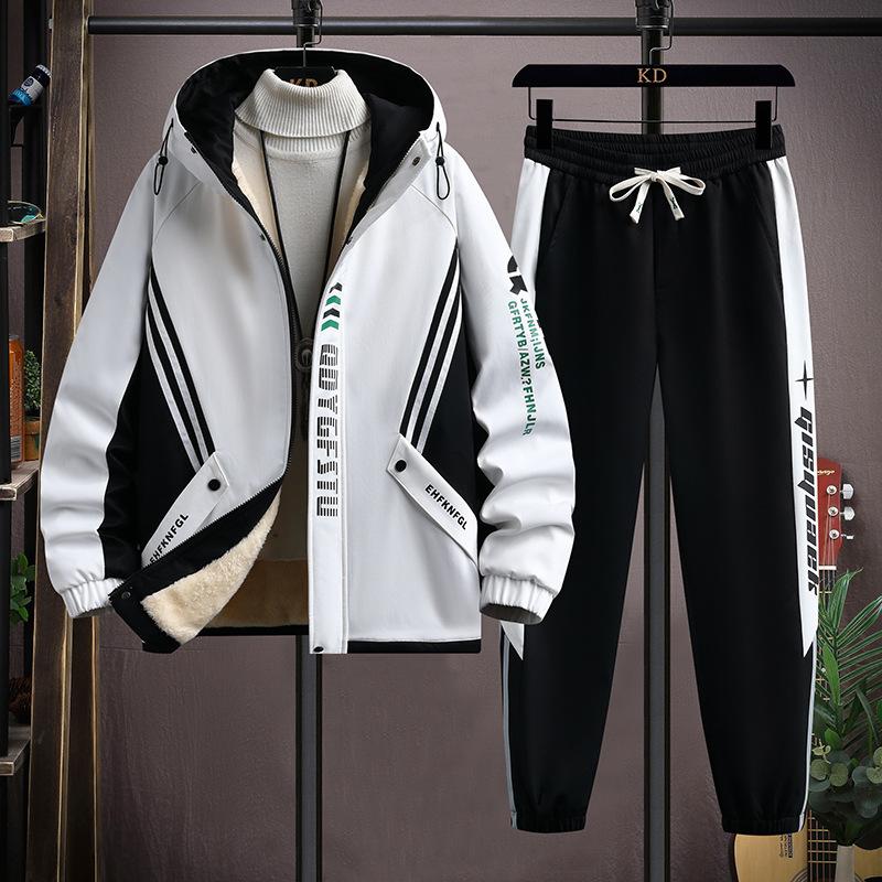 Winter Fleece Thicken Casual Tracksuit Sets Trend Hooded Patchwork Set Autumn Warm Sportswear Jacket Trousers Suits