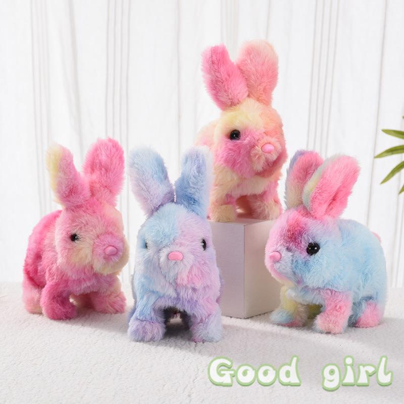 Rainbow Bunny Electric Plush Toy Walking Wiggling Ears Sound Interactive Stuffed Animal Cute Birthday Gift