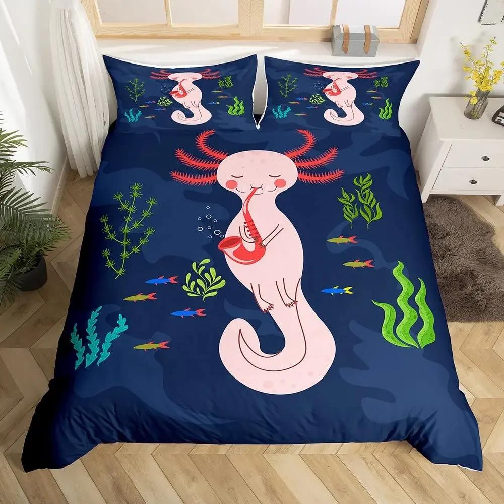 Comforter Cartoon Pink Axolotl Floral King Queen Kawaii Salamander Bedding Set 3D Animal Polyester Comforter