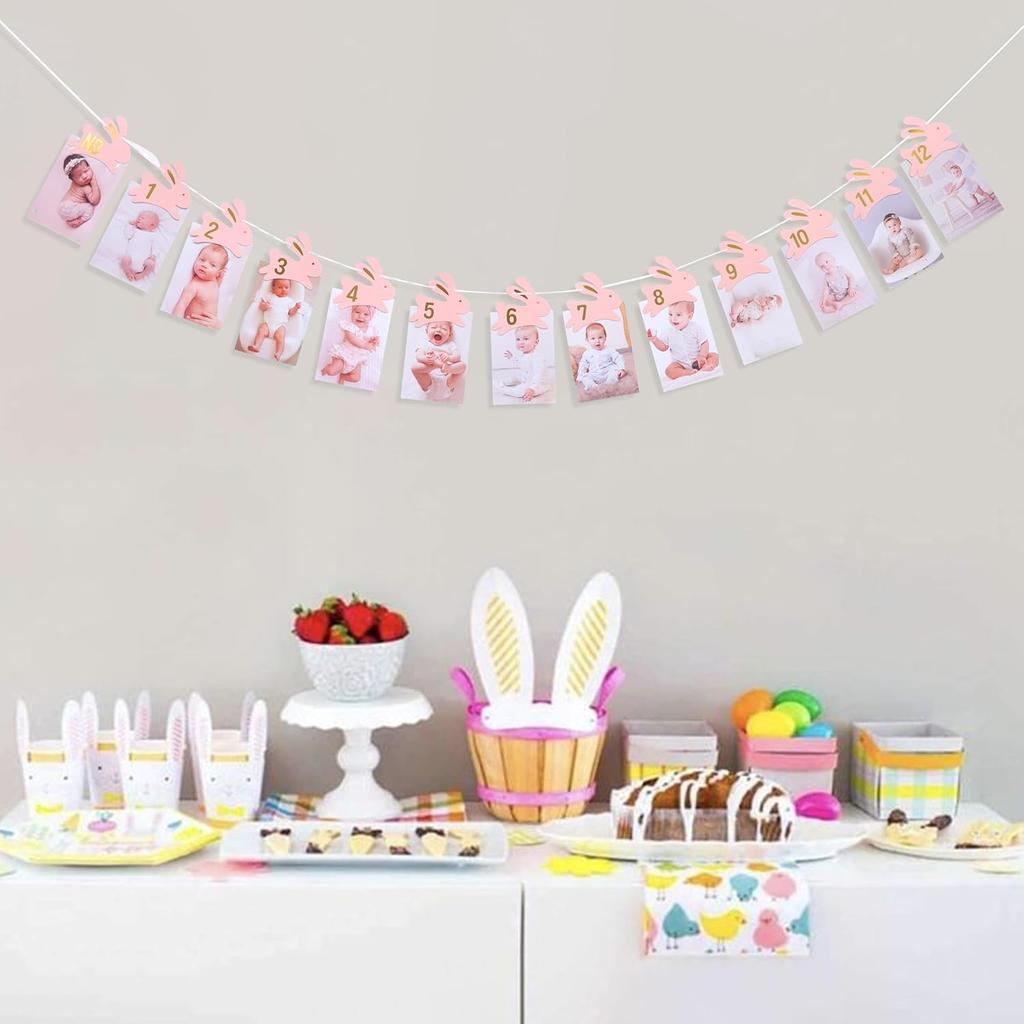 Bunny 1st Birthday Monthly Milestone Photo Banner - Some Bunny Is One Newbron To 12 Months Photo Banner for Grils, Easter 1st Birthday Decorations,