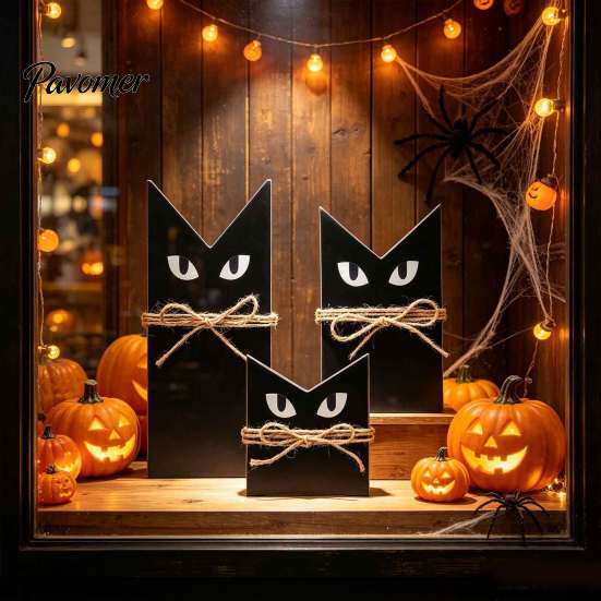 Desktop Window Display 3 Pcs Halloween Black Cat Wooden Block Sign, Vintage Table Decoration Tabletop Ornament with Burlap Rope, Rustic Farmhouse