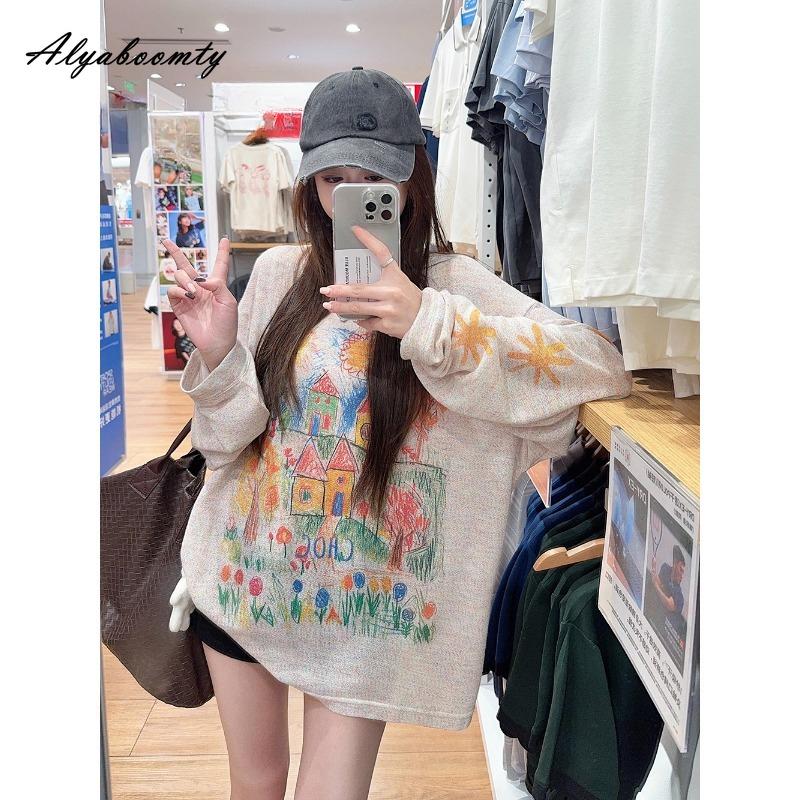 

Новая Мода Корейский Стиль Весна Осень Женская Уличная Футболка Круглый Вырез Красочный Принт Оверсайз Топ Длинный Рукав Мешковатая Большой Размер Стильная Футболка L белый