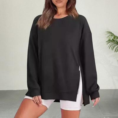 Herbst Winter Damen Sweatshirt Reißverschluss Schlitz Saum O Hals Locker Dick Lange Ärmel Reine Farbe Elastische Manschette Mittellang Täglich Sport Top