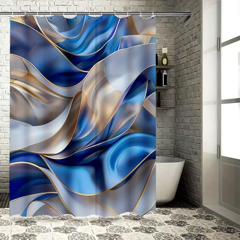 

Modern Waves Shower Curtain Bath Decor For Bathroom Remodeling Blue White Gold Print Polyester Waterproof Fabric W60H190(CM)-1 Pcs