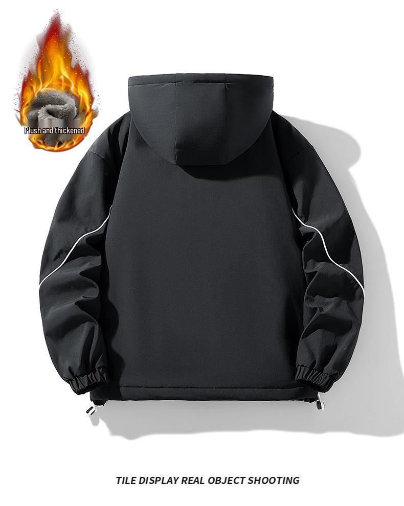 Men's Plus Velvet Thick Hooded Windbreaker - Large Size Warm Loose Workwear Jacket