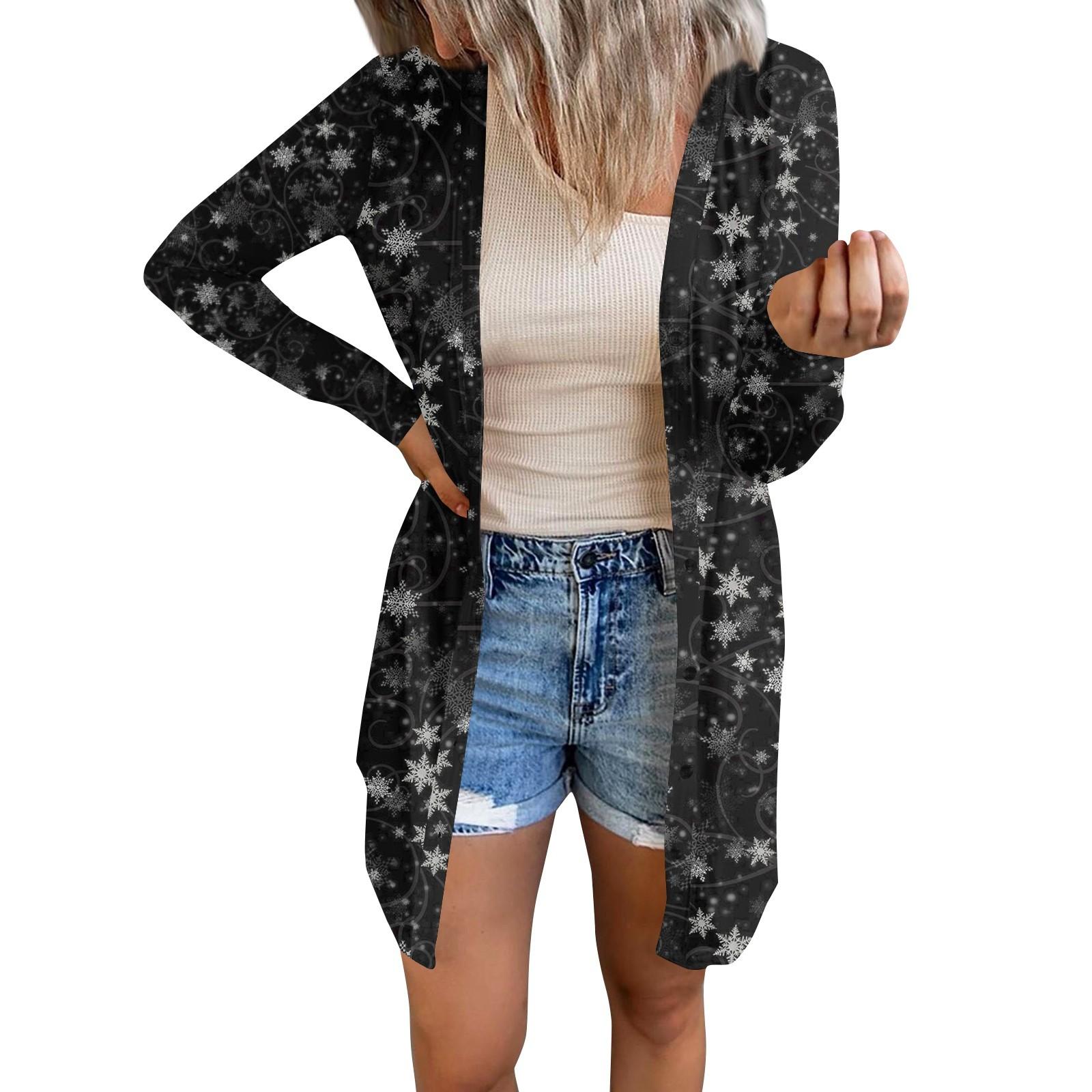 

Длинный рукав Женский ретро принтованный топ Легкий базовый свободный жакет Кардиган Повседневные рубашки Рождество S чёрный