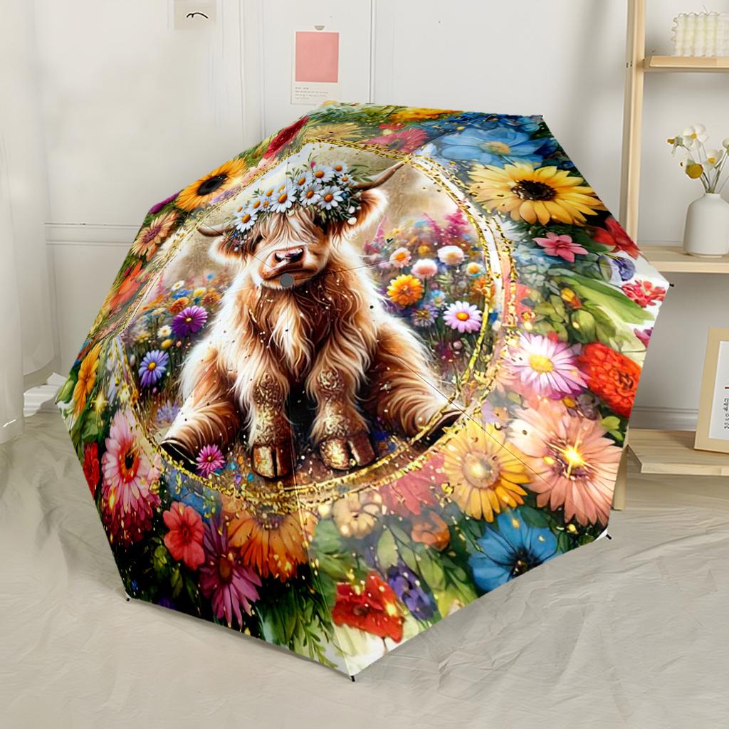 Floral Cow Portrait Portable Automatic Umbrella Retractable Design with 8 Rib Durability Foldable Design All Season Travel Compact Folding Umbrella