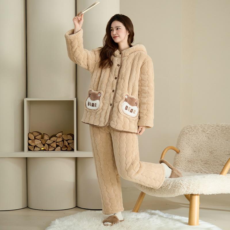 Winter three-layer padded coral fleece pajamas women's winter thickened hooded warm flannel cartoon loungewear women's