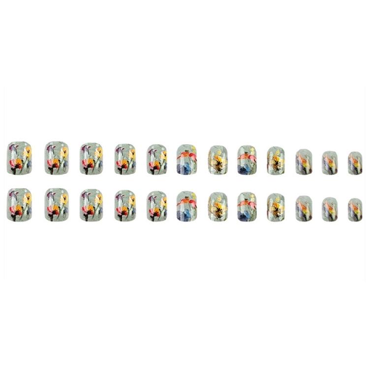 24 Stück Kurze quadratische Aufklebenägel 3D-Blumen Vollabdeckung Falsche Nägel Frühling Press-On Nägel Maniküre Zubehör für Frauen