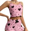 Cross-Border Women's Heart Print Spaghetti Strap Knit Pajama Set - European & American Style Casual Homewear Shorts.