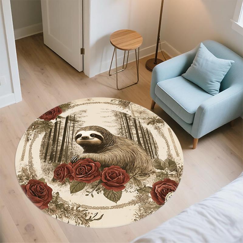 Vintage Rose Animals,Round Area Rug,Carpet Rug for Living Room Bedroom Sofa Playroom Decor,Non-slip Floor Mat