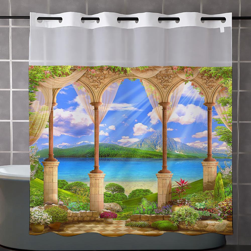 

No Hook landscape pattern Shower Curtain With Snap-in Fabric Liner, Sheer Top Window, Waterproof Double Layer Bathtub curtain 180X188cm червоний