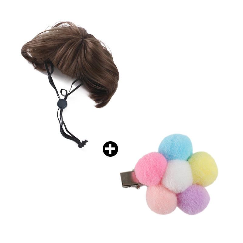 Stylish Pet Wig Accessory Set For Dogs With Cute Brown Bob Hairstyle And Floral Hairpins