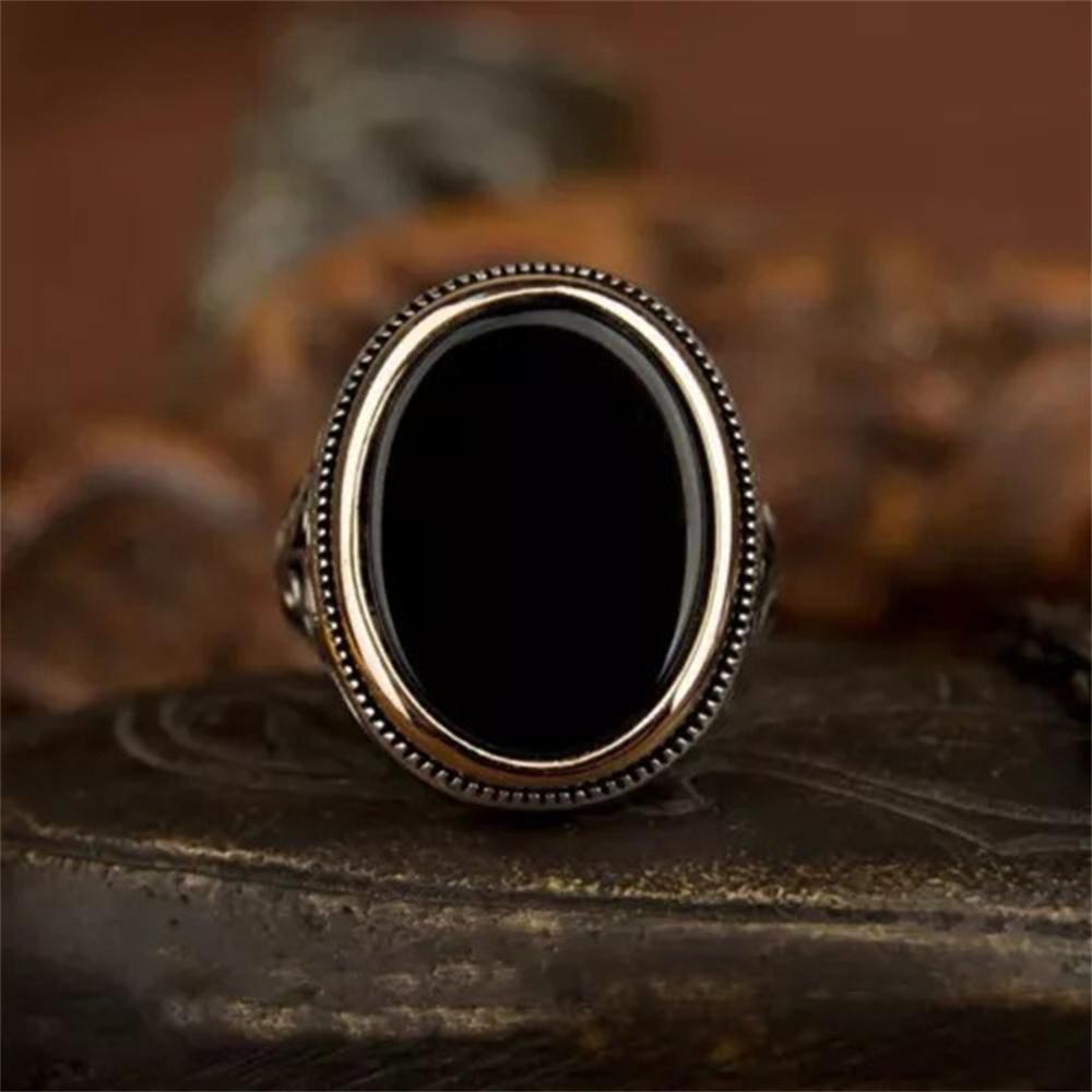 Vintage Men's Handmade Turkish Black Zircon Stone Ring Ancient copper Color Pattern Ring Trendy Islamic Religious Muslim Jewelry
