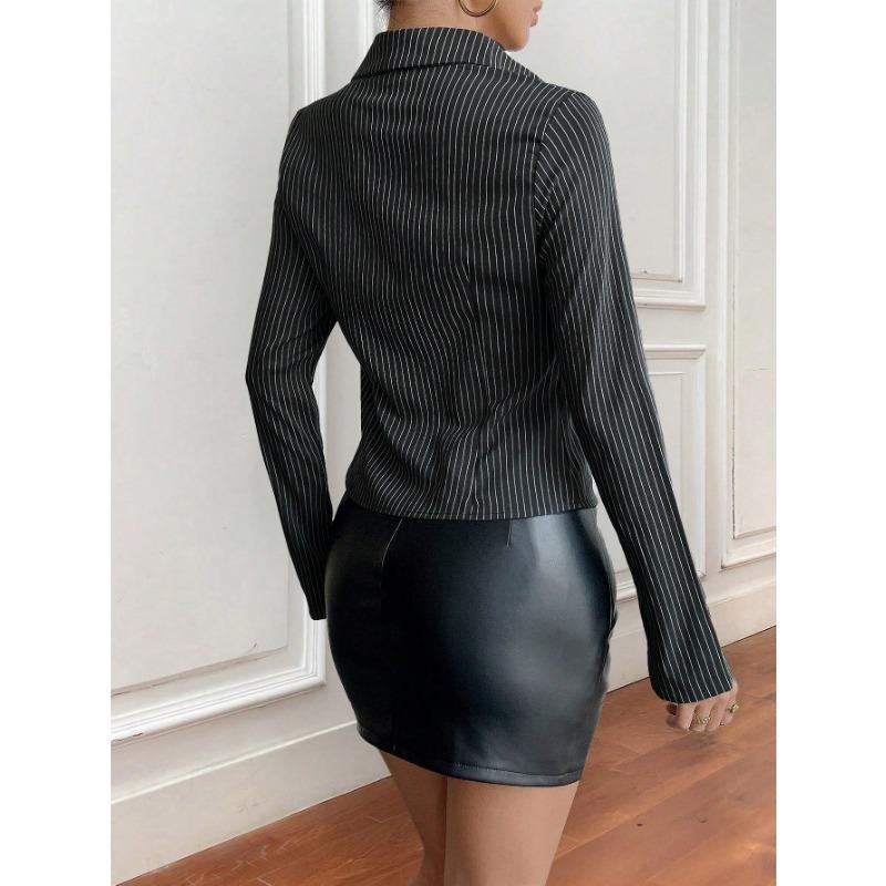 DAFIFY Women's Fashion Casual Spring Autumn Stripe Print Long Sleeve POLO Neck Blouses & Shirts