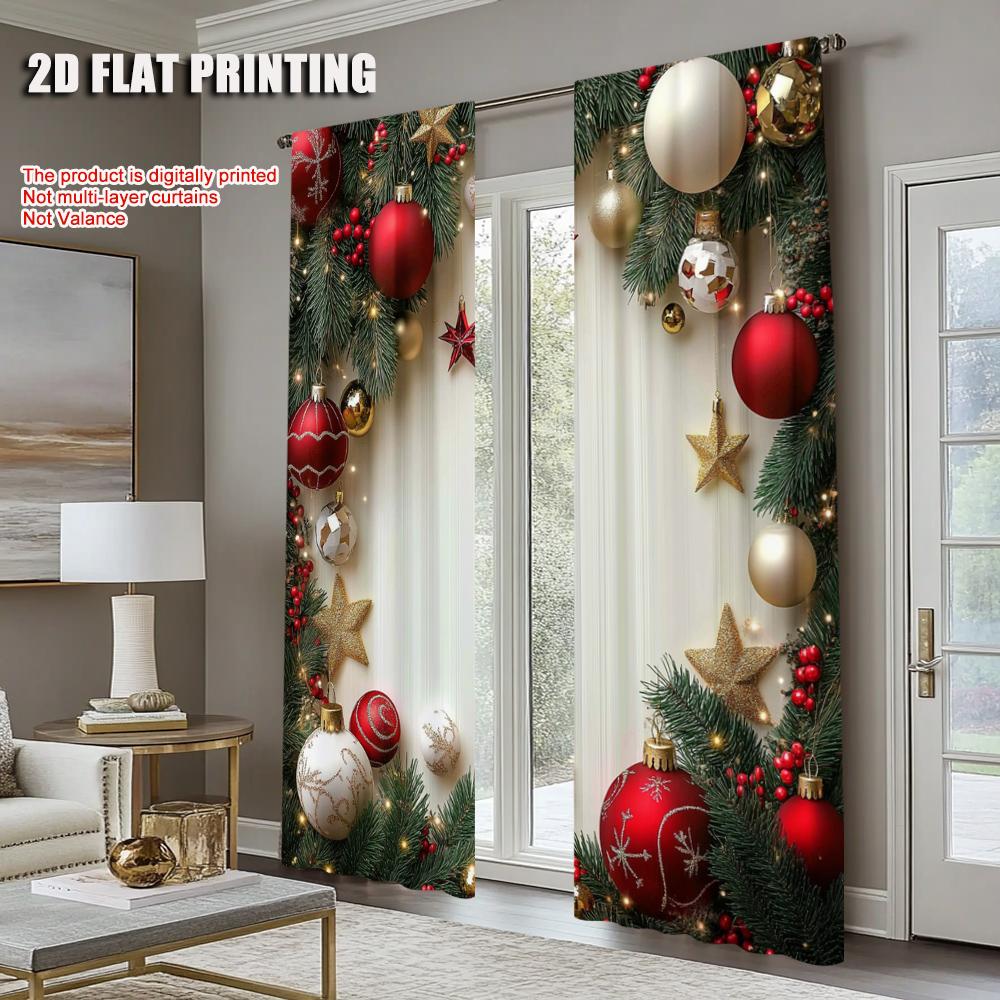 2Pcs Festive Golden And Red Ball Pine Leaves Design Christmas Window Curtains Polyester Rod Pocket Design For Living Room