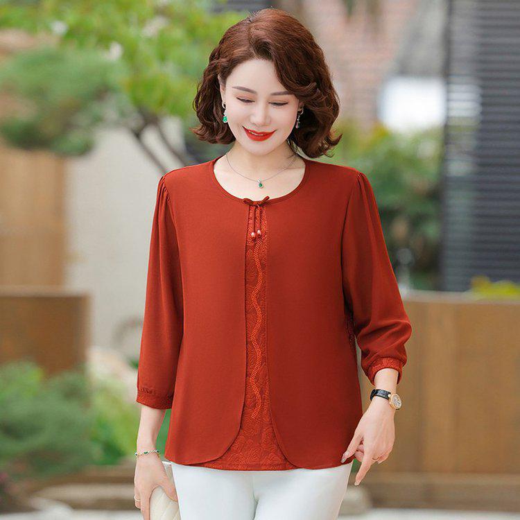 Elegant Chiffon Lace Shirt for Mid-aged & Senior Women, Lightweight, 3/4 Sleeves, Loose Fit, Fashionable