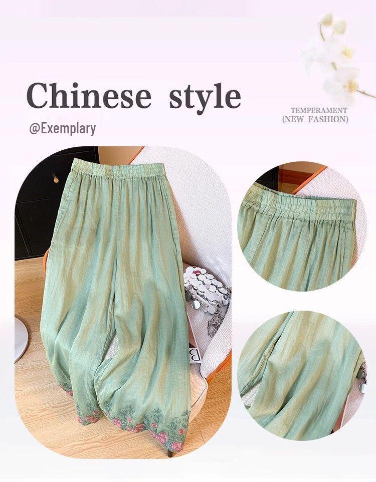 Pantaloni de damă verzi brodați din bumbac și in cu picior larg - Colecția Vară 2024