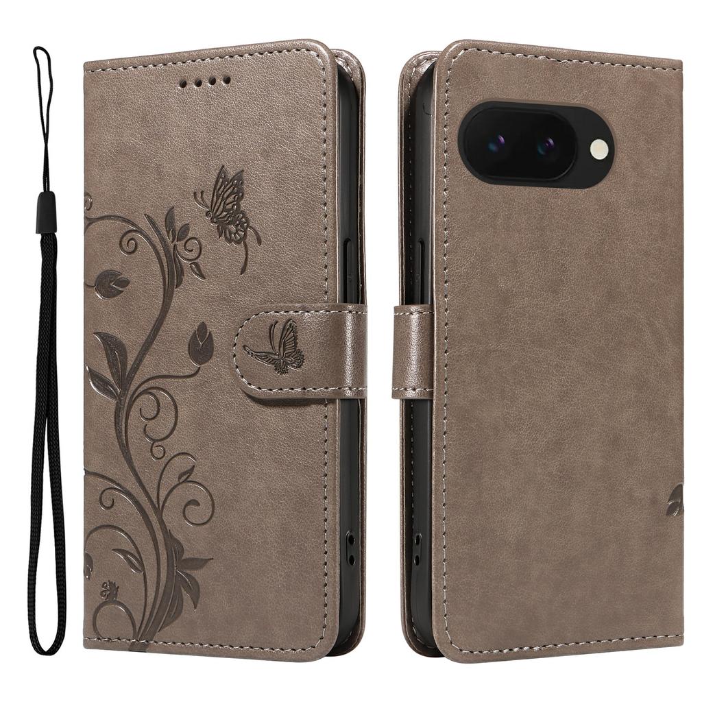 For Google Pixel 9a PU Leather Cases Flower Pattern Wallet Stand Phone Cover with Strap