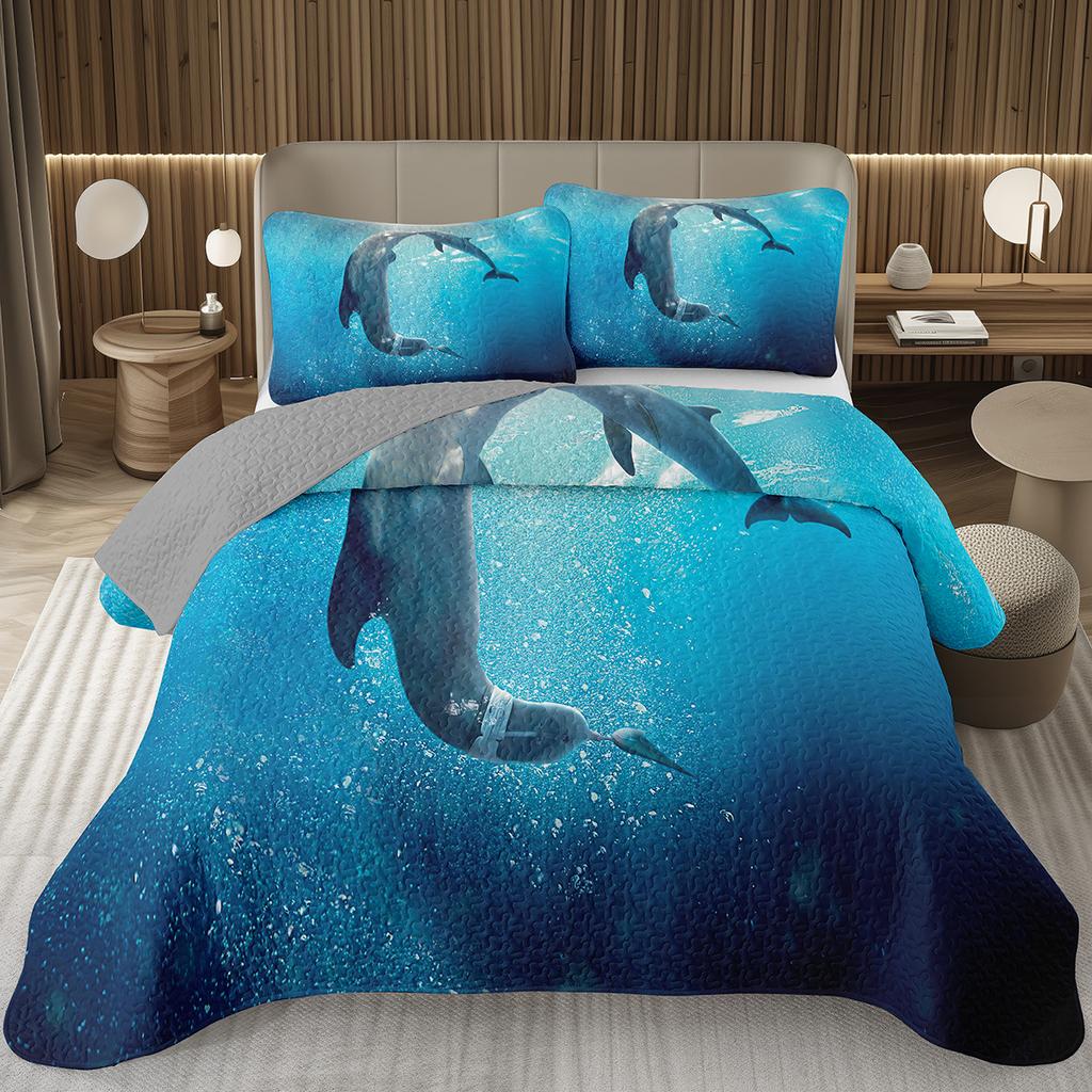Cute Dolphin Bedspread Twin/King Reversible Grey Quilted Coverlet Ocean Animal Bedding Set 2/3 Pieces Soft Lightweight Quilt Set