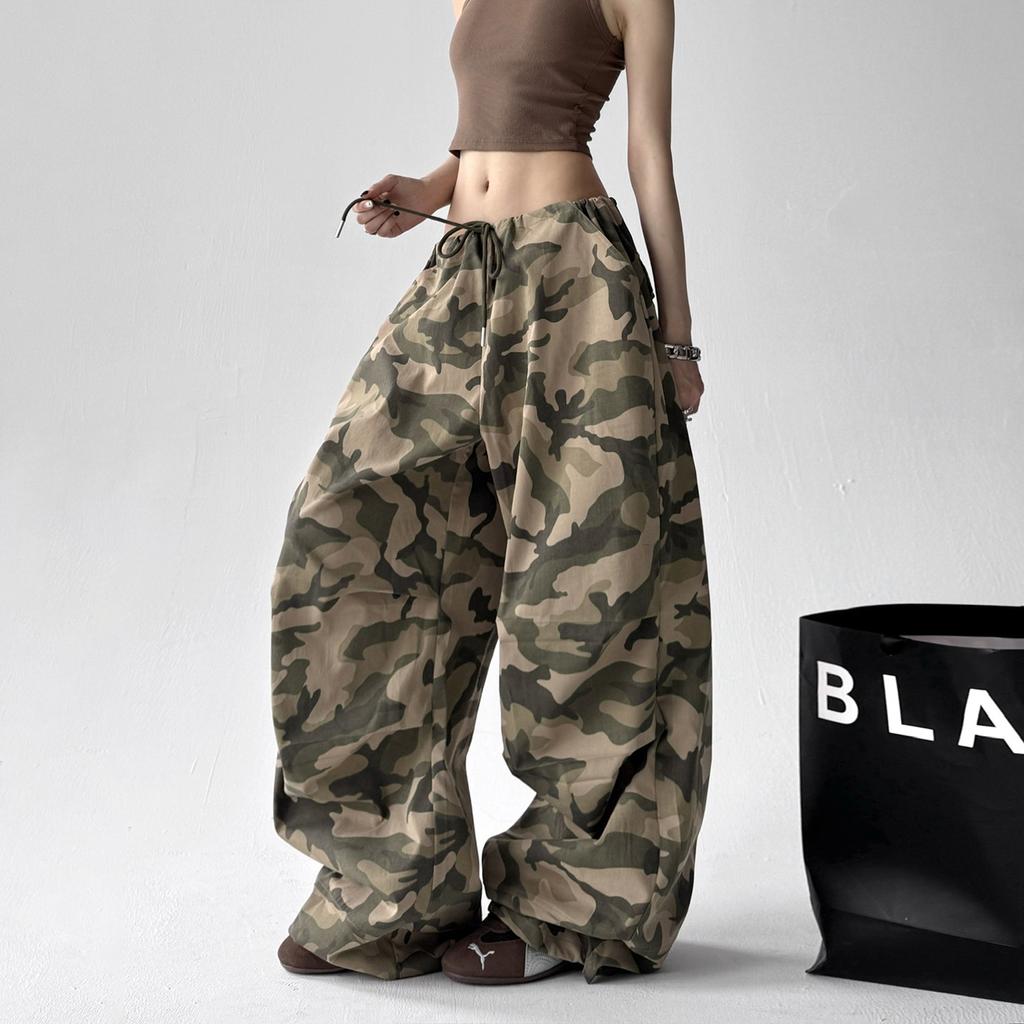 American Retro Camouflage Wide-leg Pants Women's Loose Chic Wear Casual Overalls Elastic Drawstring Waist Casual Pants, Streetwear Pants
