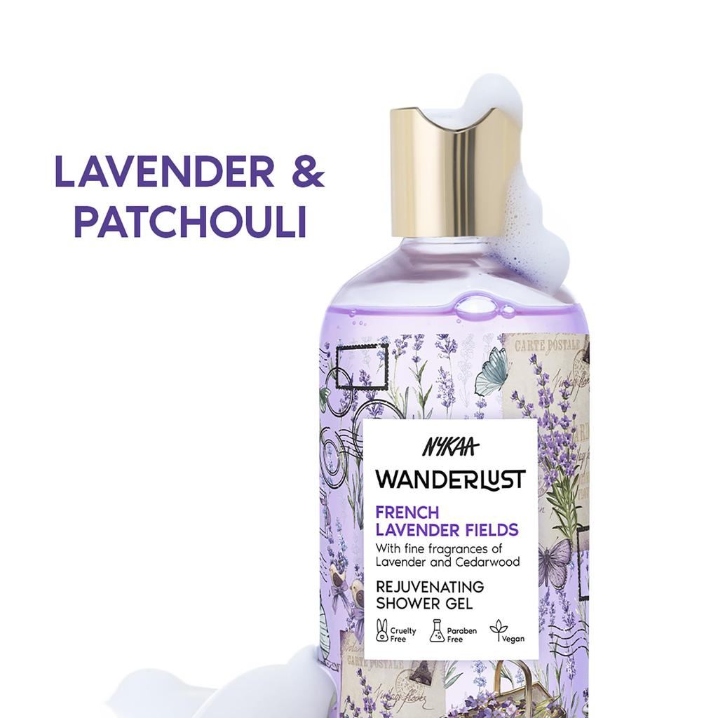 Wanderlust French Lavender Shower Gel, 300 ml | Gentle Cleanser I Lavender and Patchouli Perfume | Nourishes & Rejuvenates | Calming Relaxing | E
