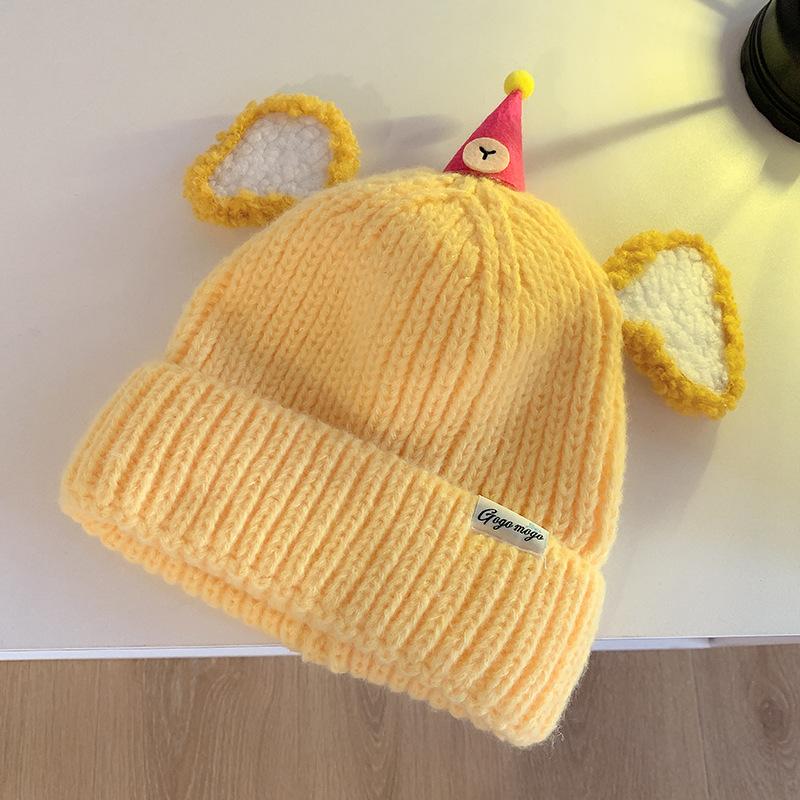 Niedliche Cartoon Plüsch Ohren Strickmütze Damen Herbst und Winter Neu Warm und Vielseitig Lustiges Gesicht Zeigt Kleine Wollmütze