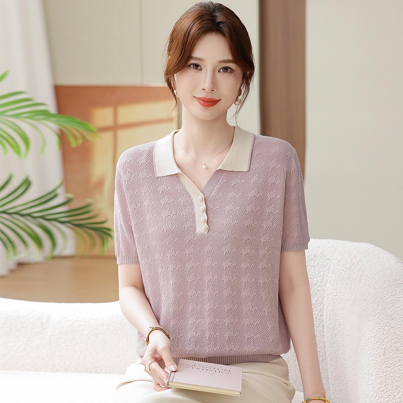 Summer Knit Lapel Ice Silk Top - Short-Sleeve T-Shirt for Middle-Aged & Elderly Women
