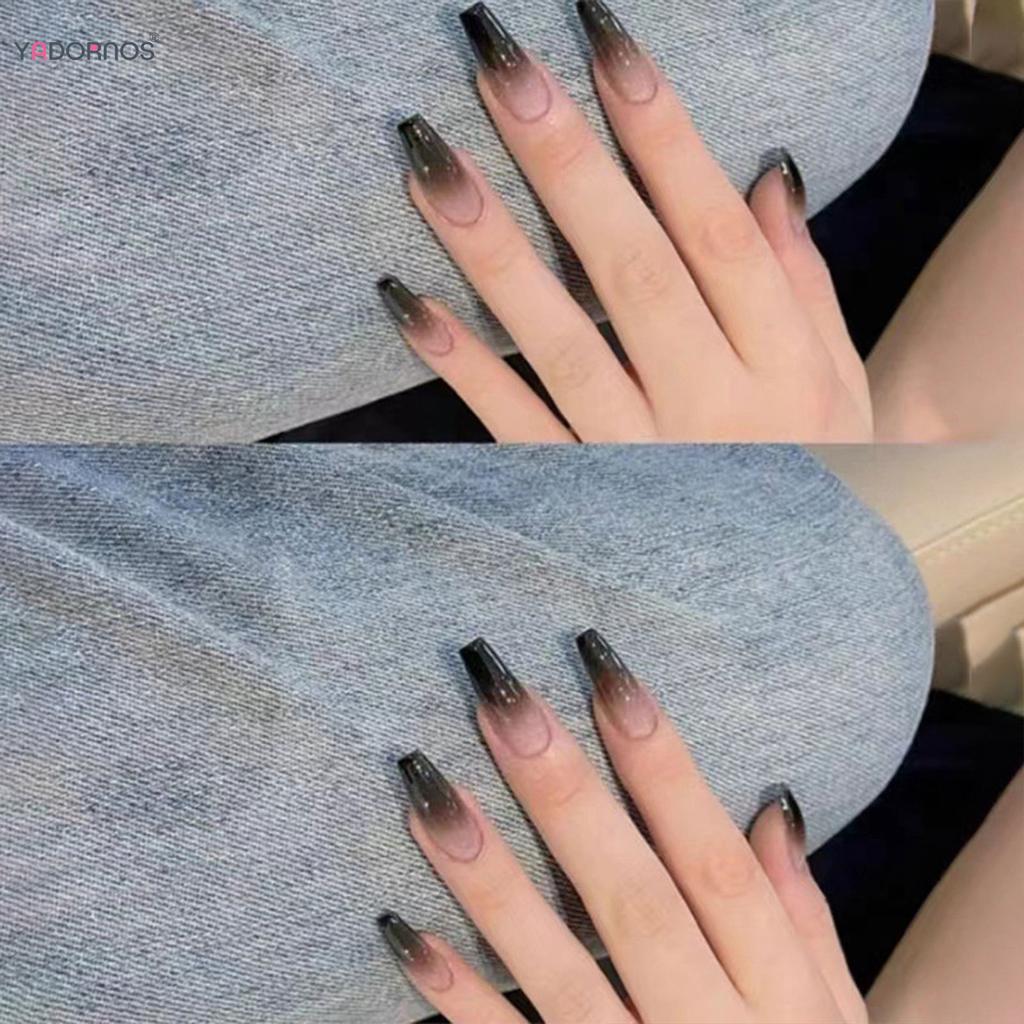 24Pcs Black Gradient Long Ballerina Press On Nails Full Cover False Nail Tips For Women Girls DIY Manicure