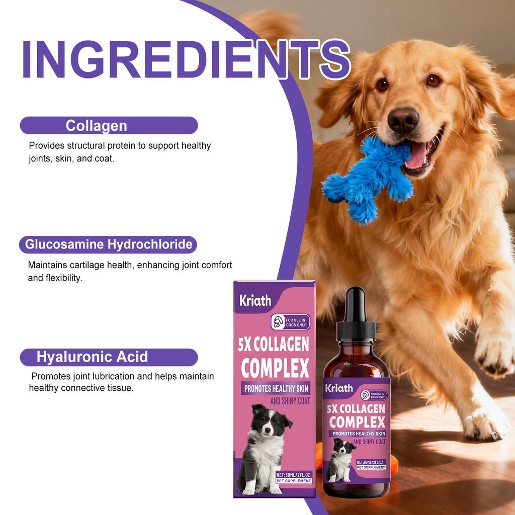 Kriath Dog Collagen Drops 60ml - Gentle Formula, Suitable for Dog Joint and Cartilage Health, Hair and Skin Care Supplement