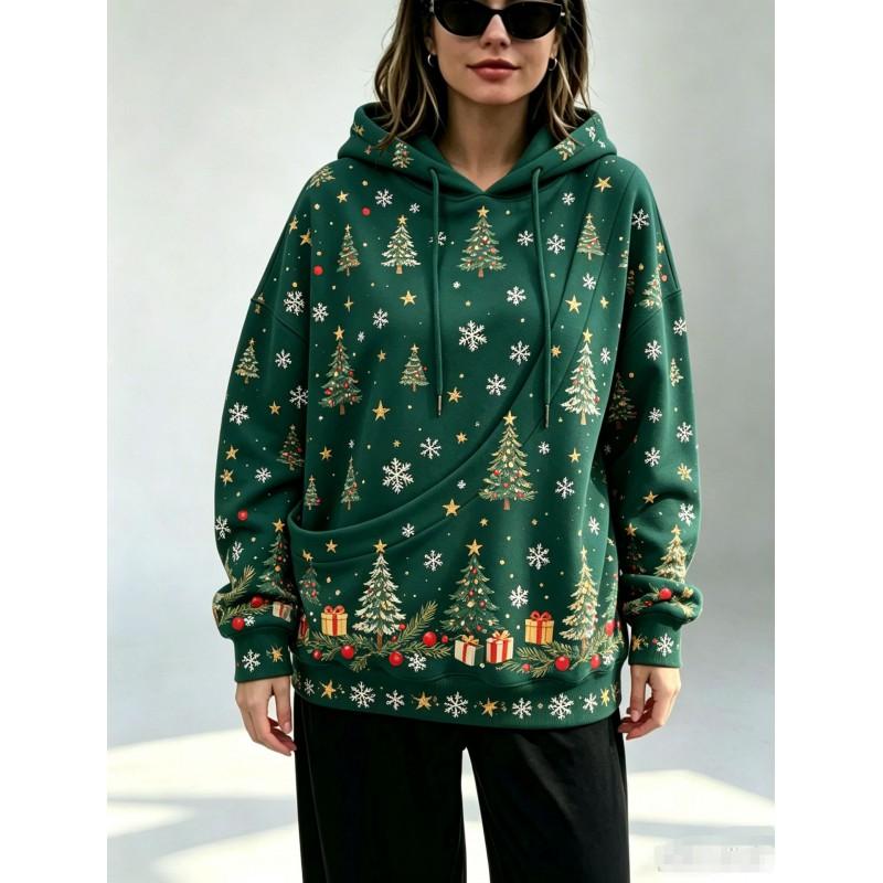 Womens Oversized Christmas Hoodie With 3D Print Loose Fit Large Slant Pockets Long Sleeve Holiday Party Casual Wear